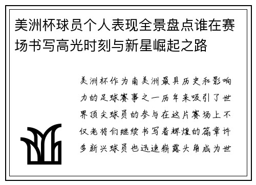 美洲杯球员个人表现全景盘点谁在赛场书写高光时刻与新星崛起之路