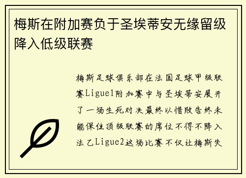 梅斯在附加赛负于圣埃蒂安无缘留级降入低级联赛
